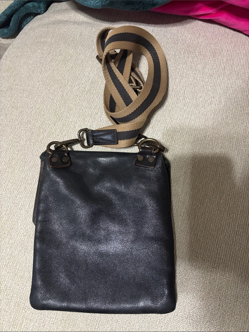 Armani Exchange Black Leather Messenger Bag with Tan & Black Striped Strap